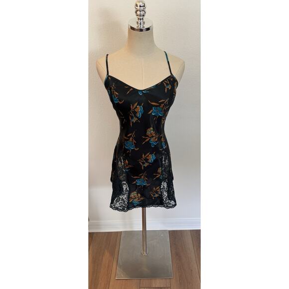 Vintage Victorias Secret Gold Label Slip Mini Dress M Dark Blue Y2K Floral Satin - Picture 13 of 16